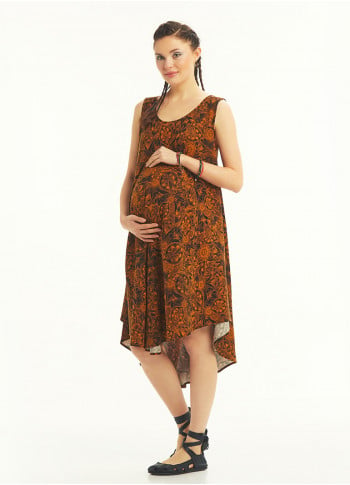 Orange Patterned Scoop Neck Round Hem Sleeveless Maternity Dress